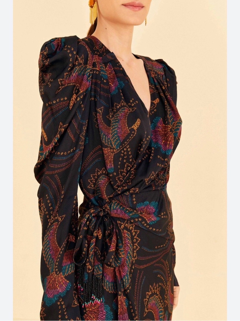 FARM Rio Black Floral Paisley Wrap Dress with Jewel Accents